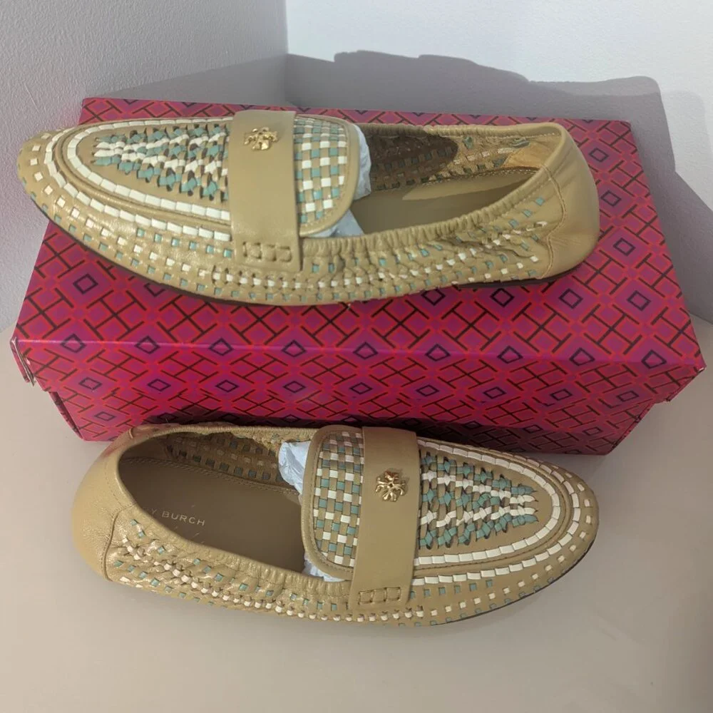 Tory Burch $348 Woven Ballet Loafer Flats Tan Blue SUPER COMFY!